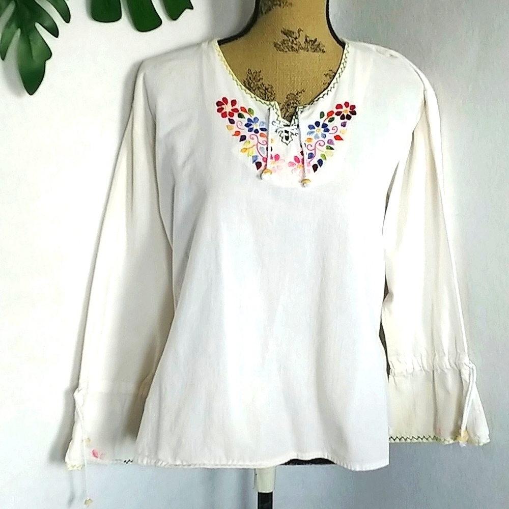 Vintage Embroidered Long Sleeve Peasant Blouse Top